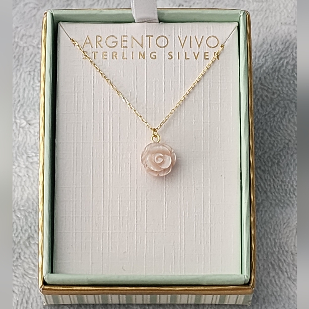 Gold on Sterling Silver & Carved Pink Rose Pendant Necklace NEW! Argento Vivo